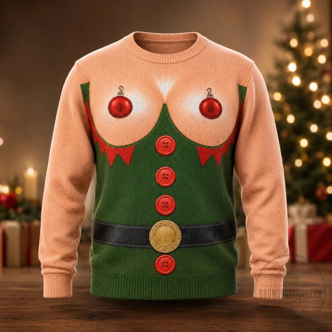 Funny Elf Chest Ugly Christmas Sweater – Red Bauble Ornament Graphic Sweatshirt