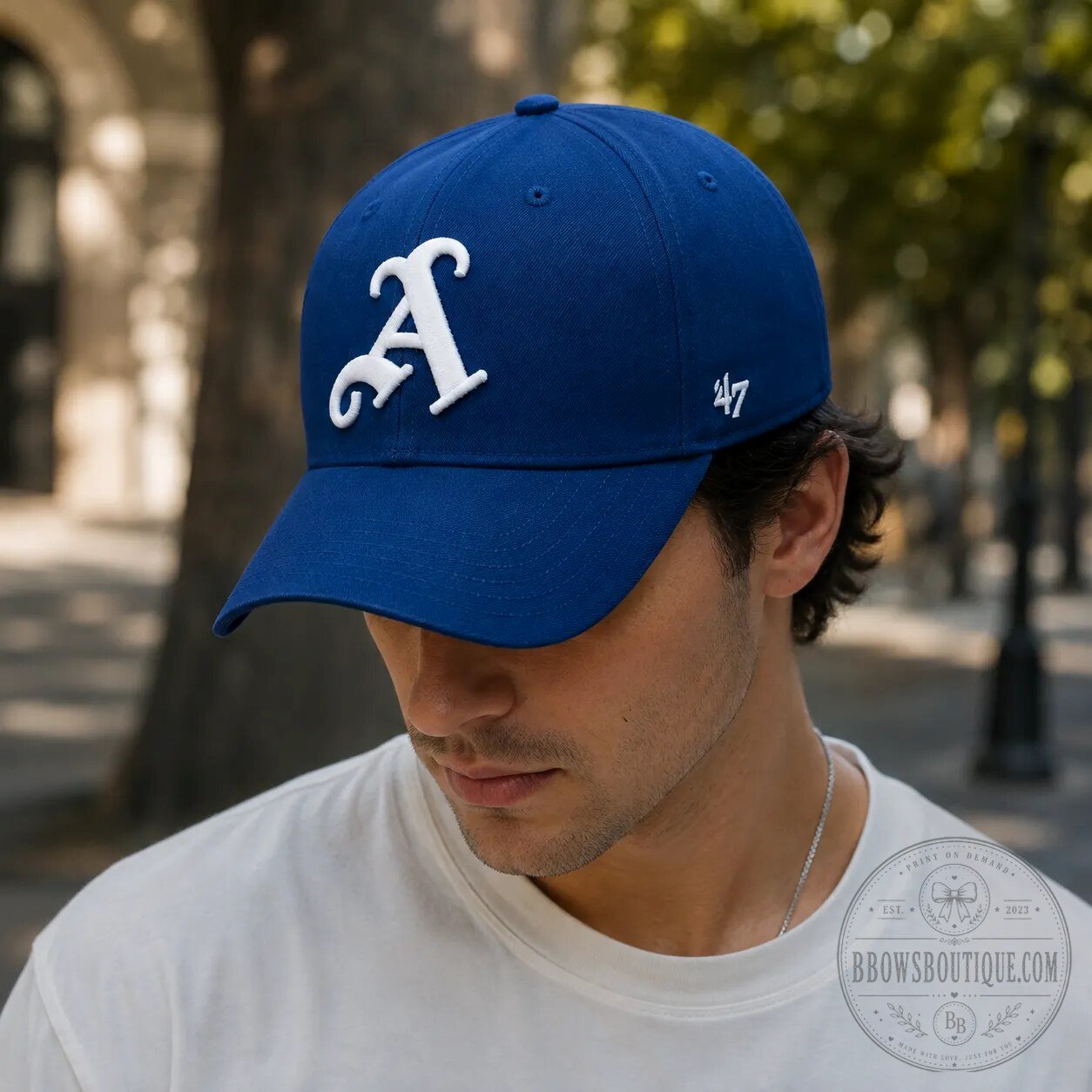 Jason Sudeikis Royal Blue Old English Letter A Baseball Cap 9 Jason Sudeikis Royal Blue Old English Letter A Baseball Cap headwear product view